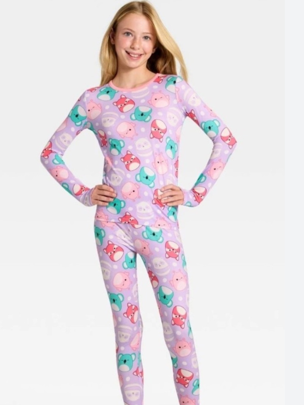 warm essentials by Cuddl Duds Girls' Purple Squishmallows Print Pajama Set